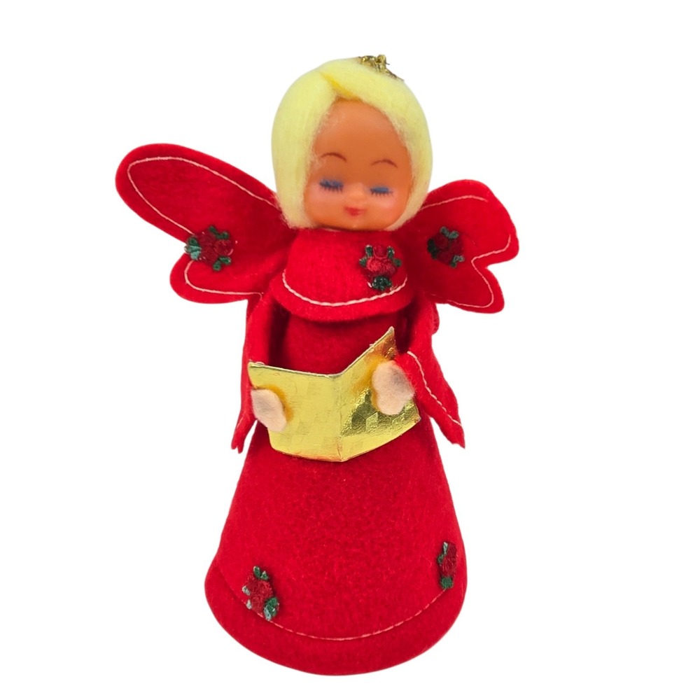 Vtg 60s Sleepy Eyed Red Felt Caroling Angel Christmas Tree Topper Vinyl Head 8"